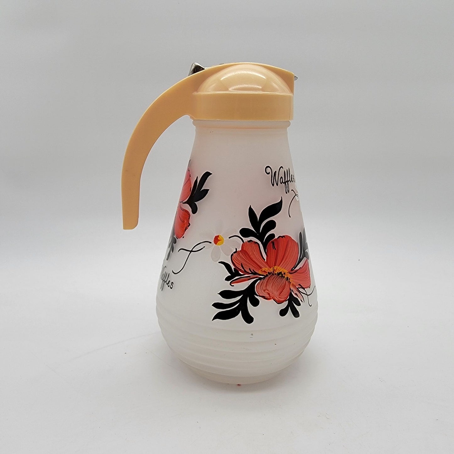 1950s Hazel Atlas Satin Glass Waffle & Syrup Pitchers Poppy Flowers
