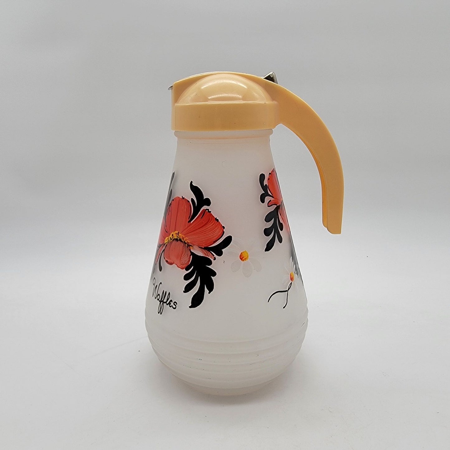 1950s Hazel Atlas Satin Glass Waffle & Syrup Pitchers Poppy Flowers