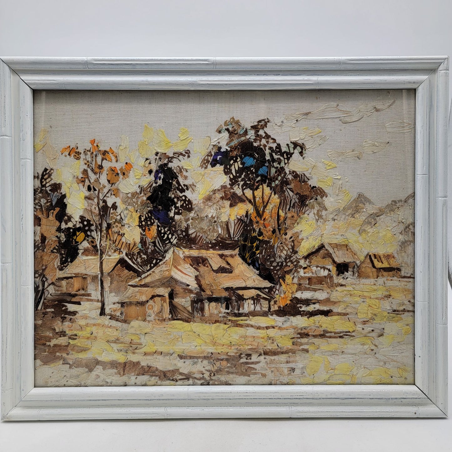 Vintage Original Butterfly Wings Art Asian Landscape