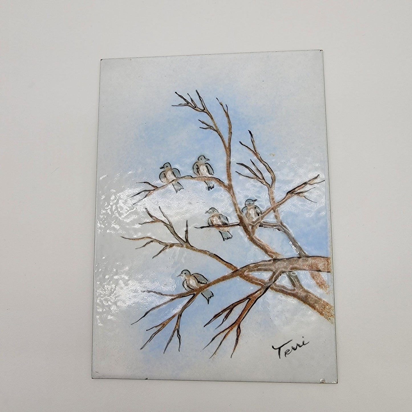 Signed Enamel On Metal Birds In Tree Wall Art Hand-Painted By Teri