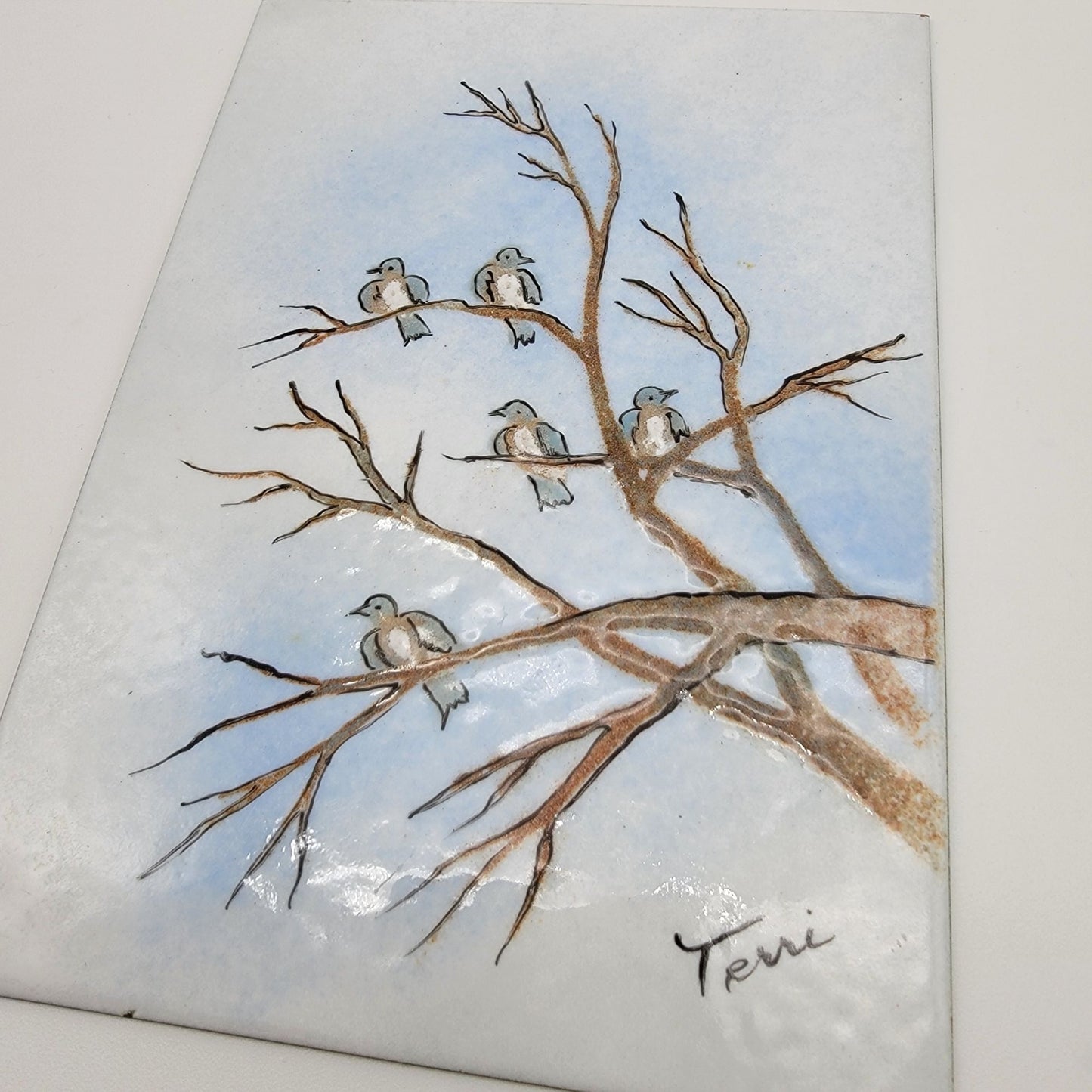 Signed Enamel On Metal Birds In Tree Wall Art Hand-Painted By Teri