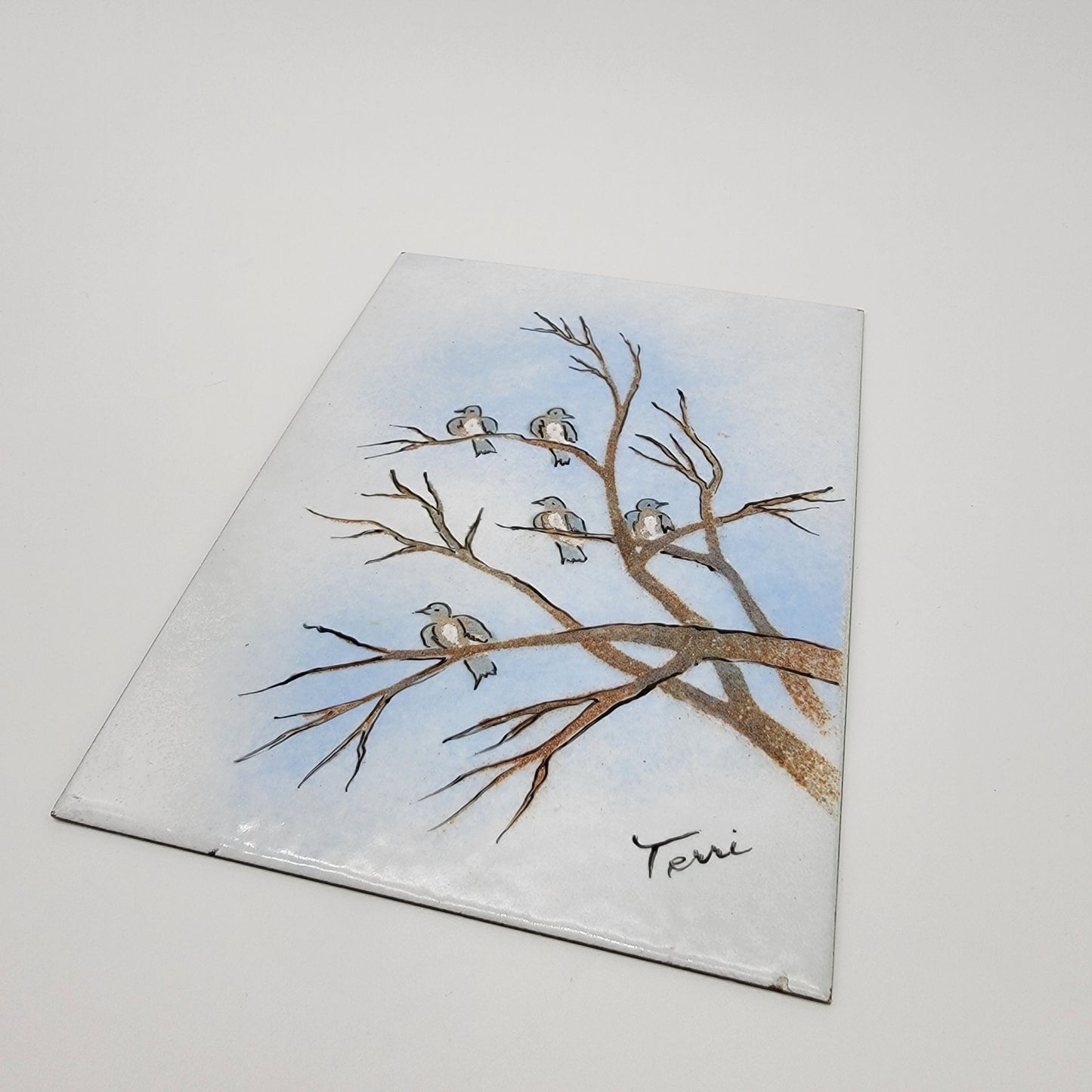 Signed Enamel On Metal Birds In Tree Wall Art Hand-Painted By Teri
