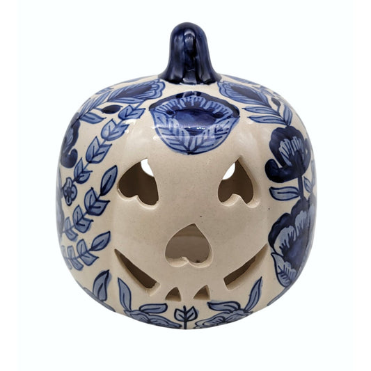 Talavera Style Halloween Pumpkin Jack-O-Lantern Blue and White