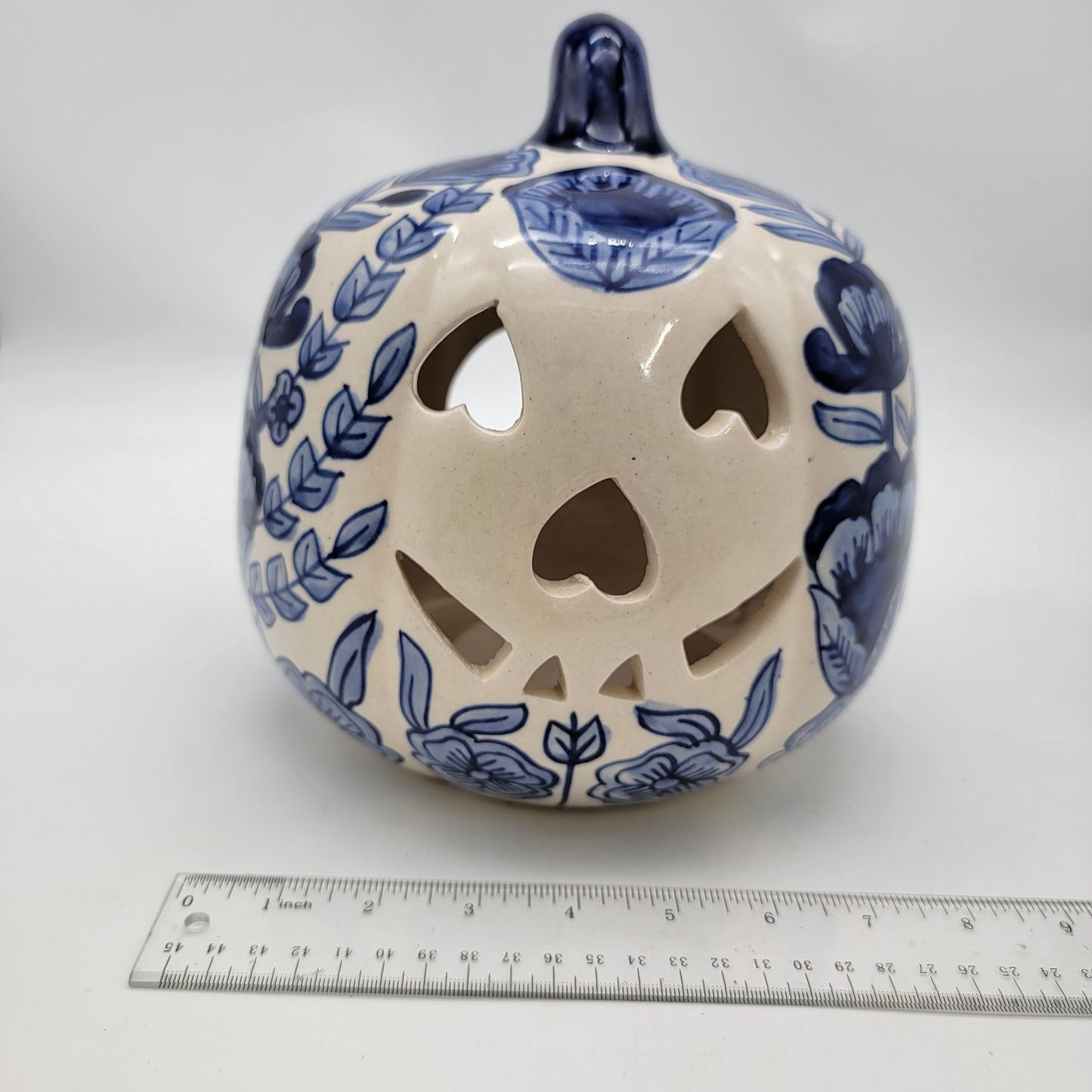 Talavera Style Halloween Pumpkin Jack-O-Lantern Blue and White