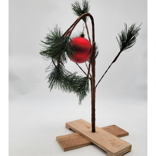 Charlie Browns Christmas Tree 24" Tall With Red Ornament & Wooden Base