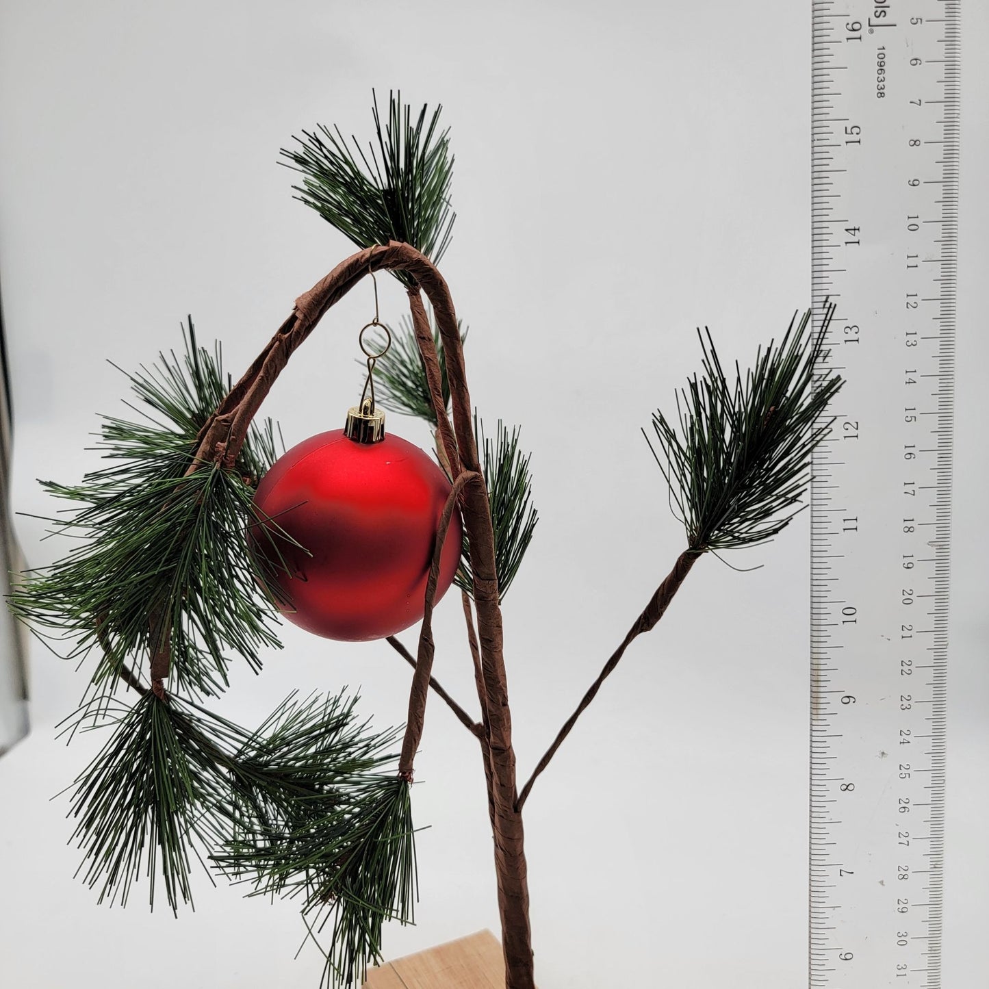 Charlie Browns Christmas Tree 24" Tall With Red Ornament & Wooden Base