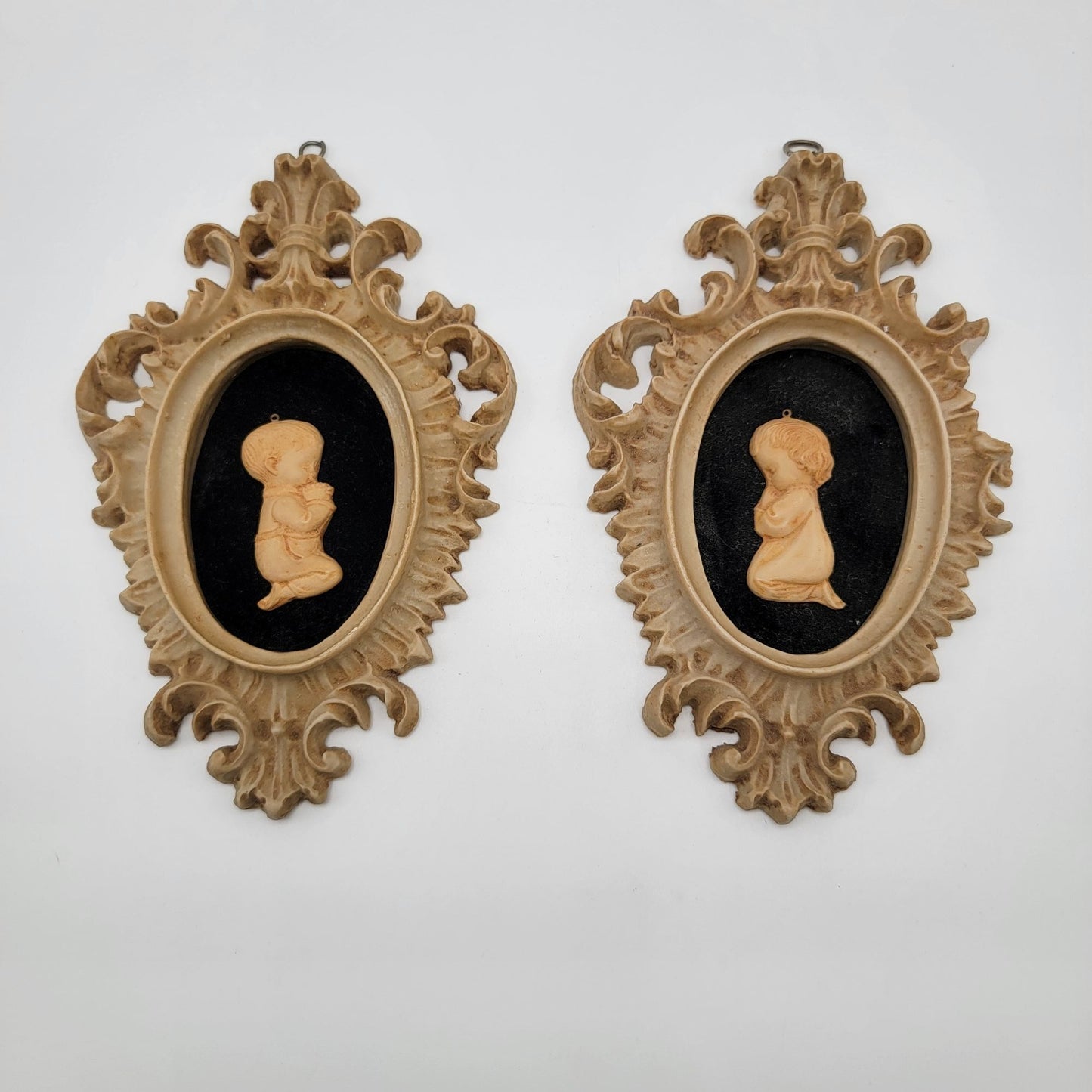 Pair Of Vintage Capodimonte Praying Children Wall Art Plaques With Ornate Frames
