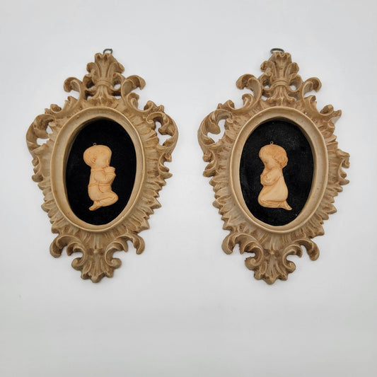 Pair Of Vintage Capodimonte Praying Children Wall Art Plaques With Ornate Frames