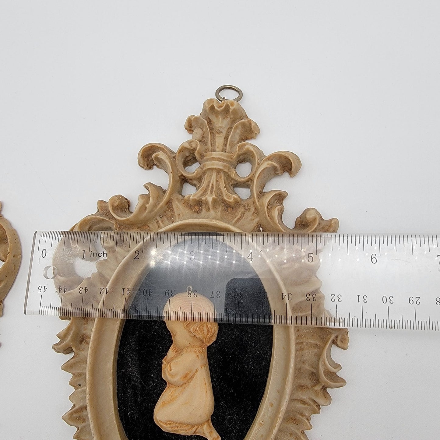 Pair Of Vintage Capodimonte Praying Children Wall Art Plaques With Ornate Frames