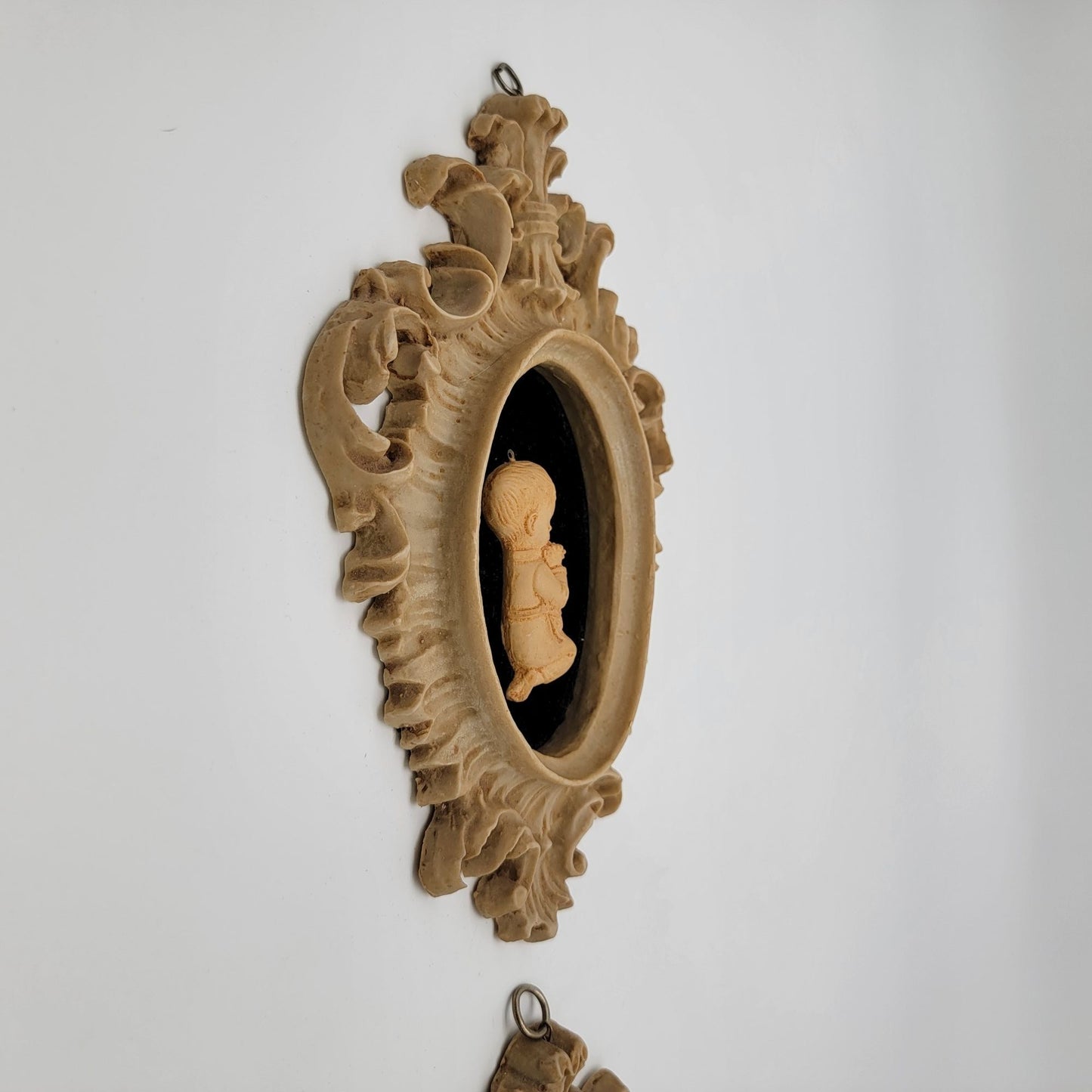 Pair Of Vintage Capodimonte Praying Children Wall Art Plaques With Ornate Frames