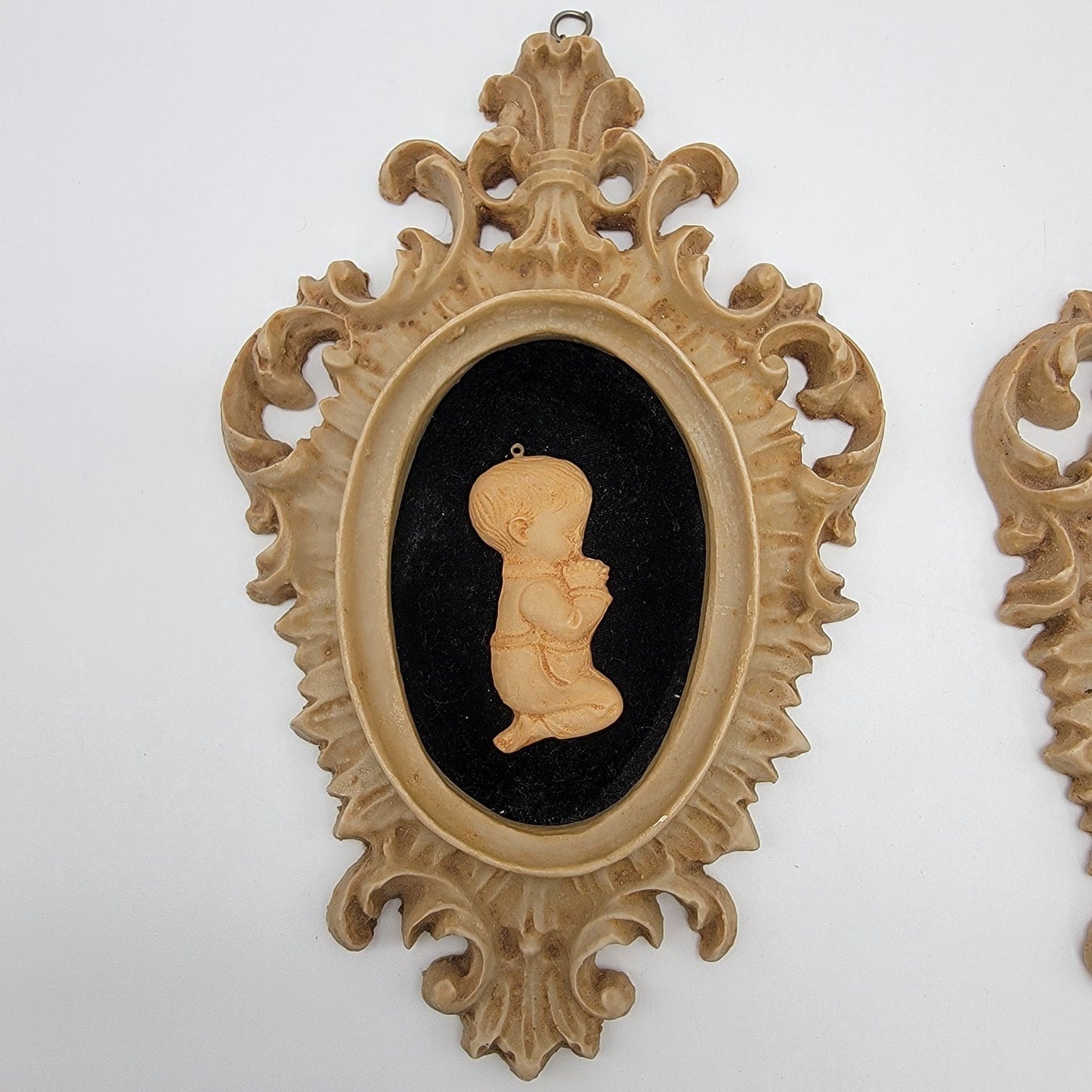 Pair Of Vintage Capodimonte Praying Children Wall Art Plaques With Ornate Frames