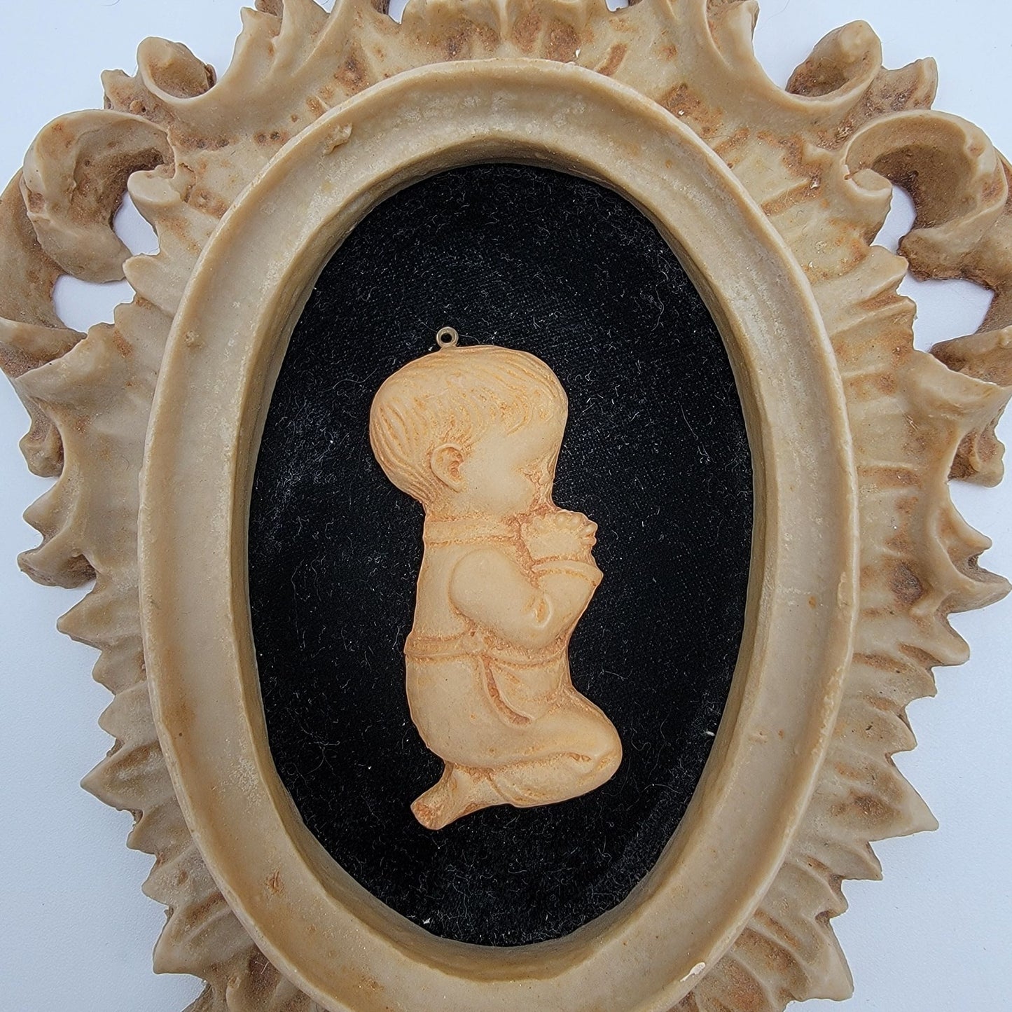 Pair Of Vintage Capodimonte Praying Children Wall Art Plaques With Ornate Frames