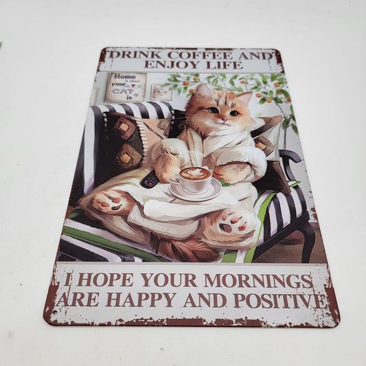 Cat Coffee Morning Metal Sign