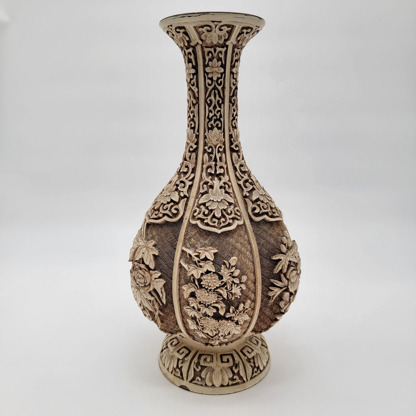 Vintage 1982 Arnart Imports Ivory Dynasty Over Brass Carved Vase