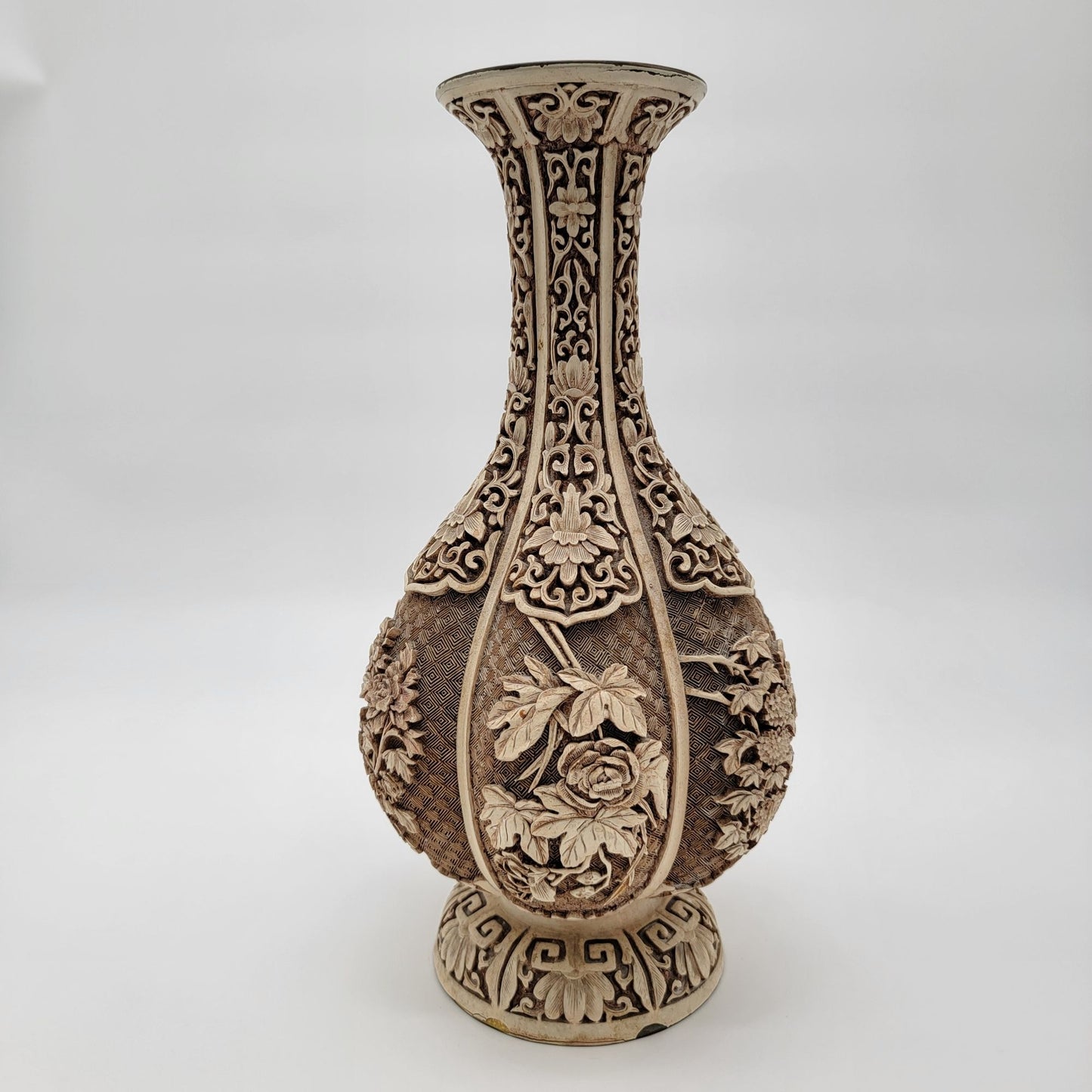 Vintage 1982 Arnart Imports Ivory Dynasty Over Brass Carved Vase