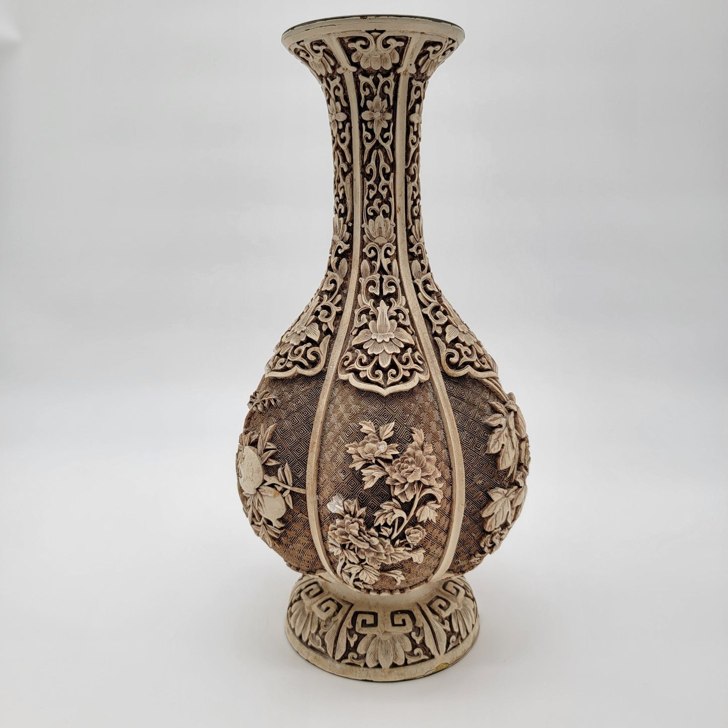 Vintage 1982 Arnart Imports Ivory Dynasty Over Brass Carved Vase