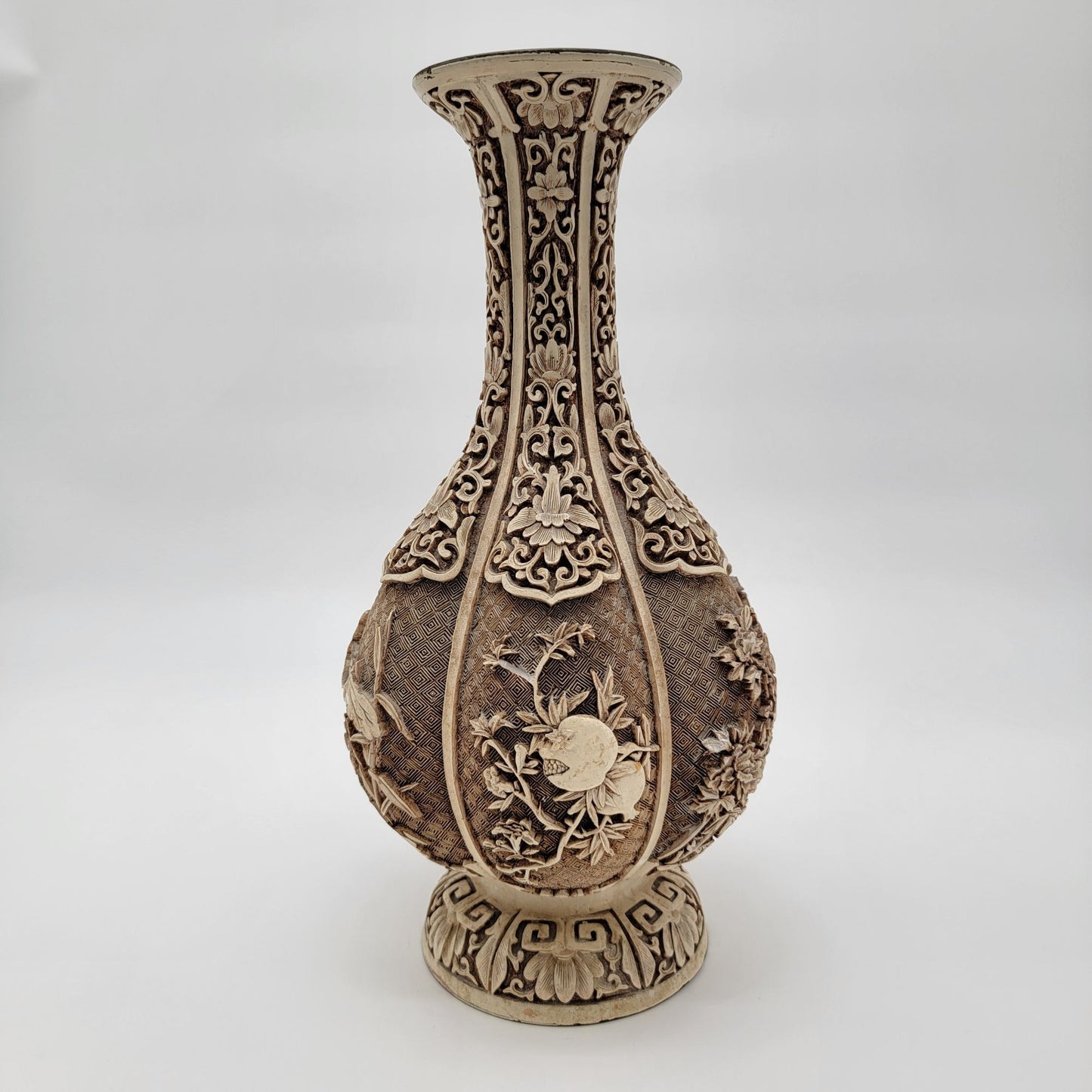 Vintage 1982 Arnart Imports Ivory Dynasty Over Brass Carved Vase