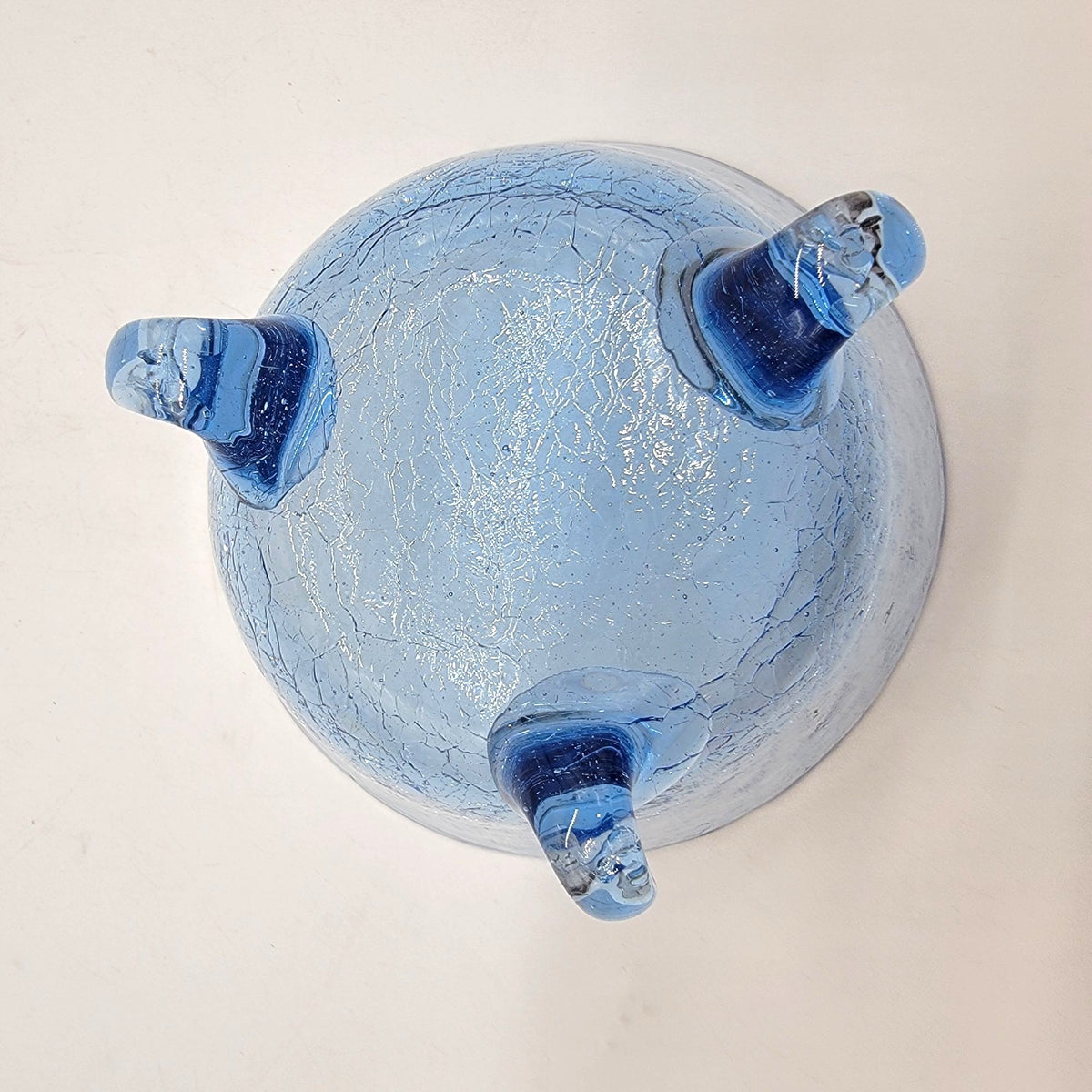 1960s Blue Crackle Glass 3-Footed Bowl