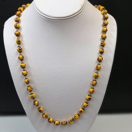 Vintage Yellow Venetian Millefiori Glass Beaded Necklace 27.5"