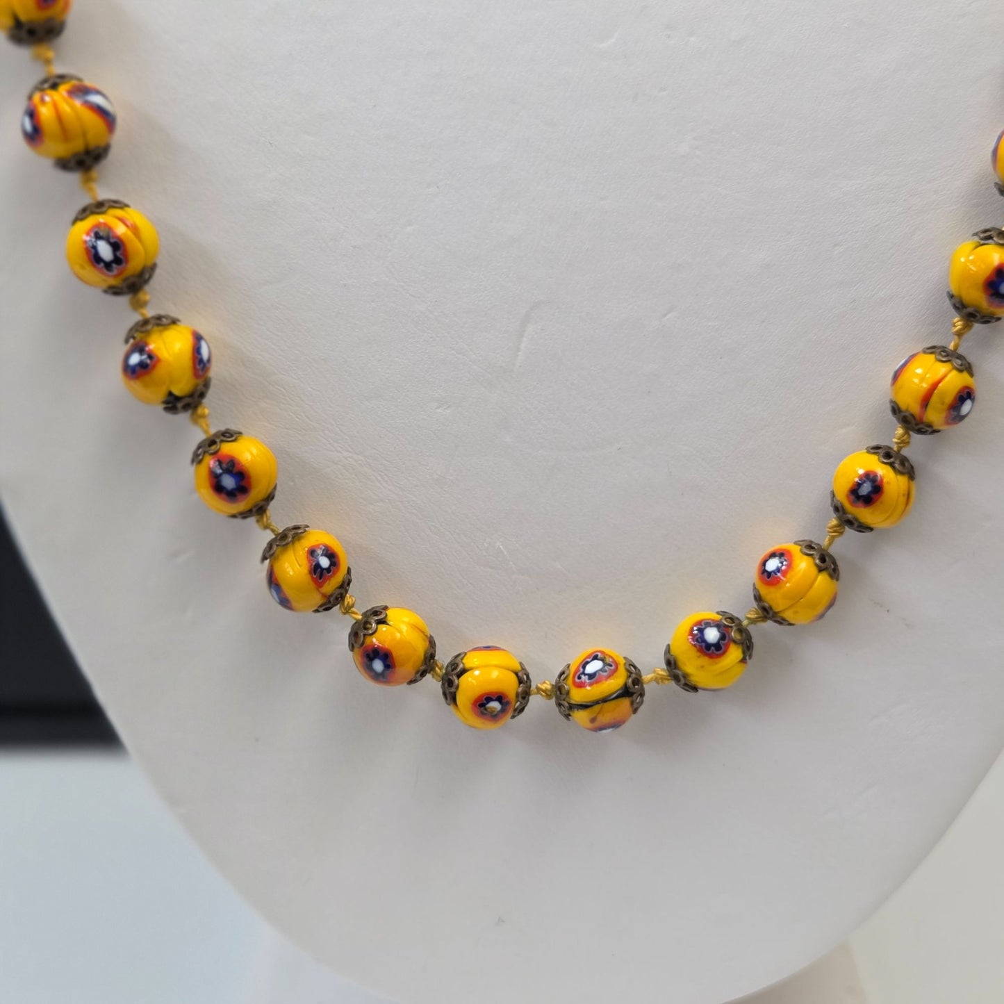 Vintage Yellow Venetian Millefiori Glass Beaded Necklace 27.5"