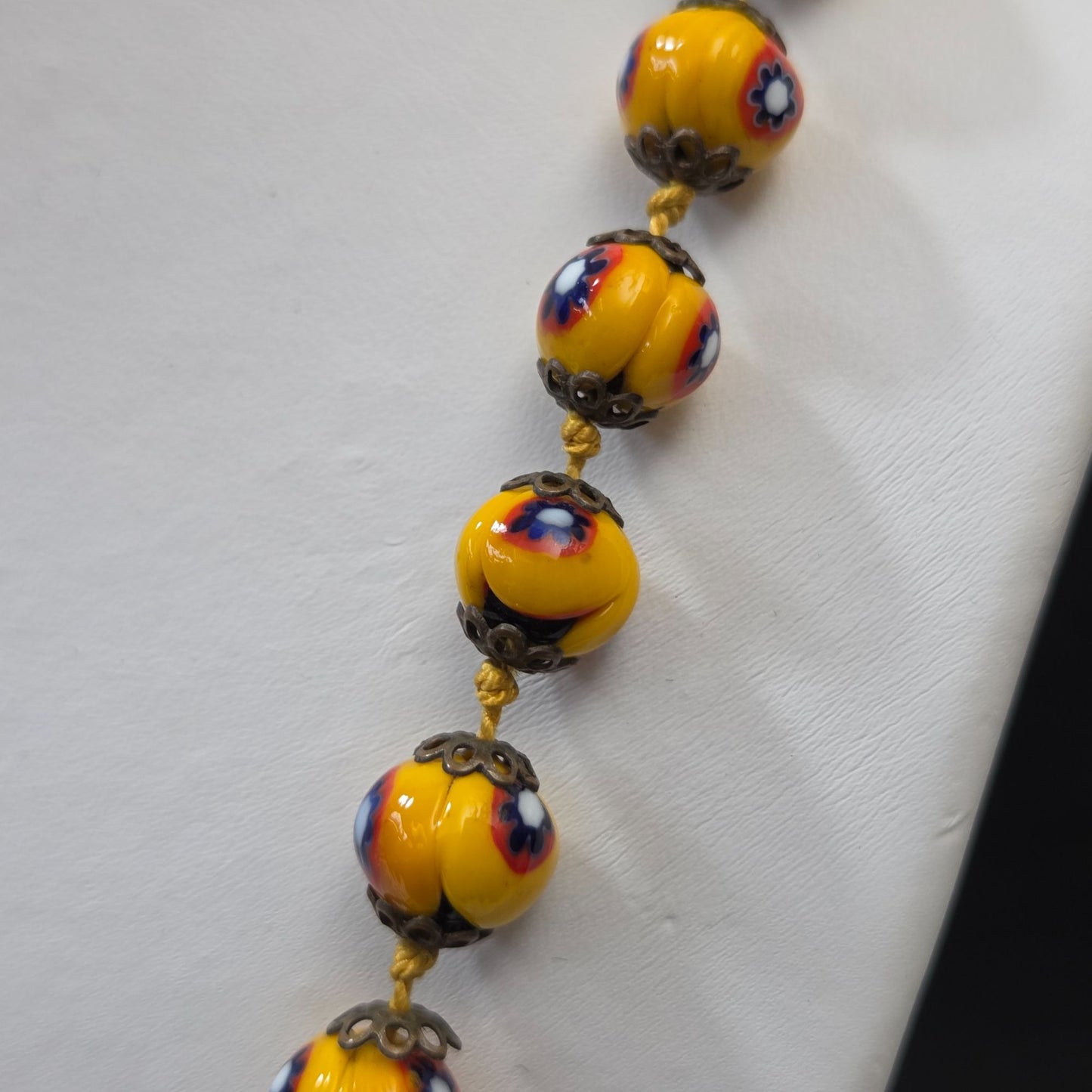 Vintage Yellow Venetian Millefiori Glass Beaded Necklace 27.5"