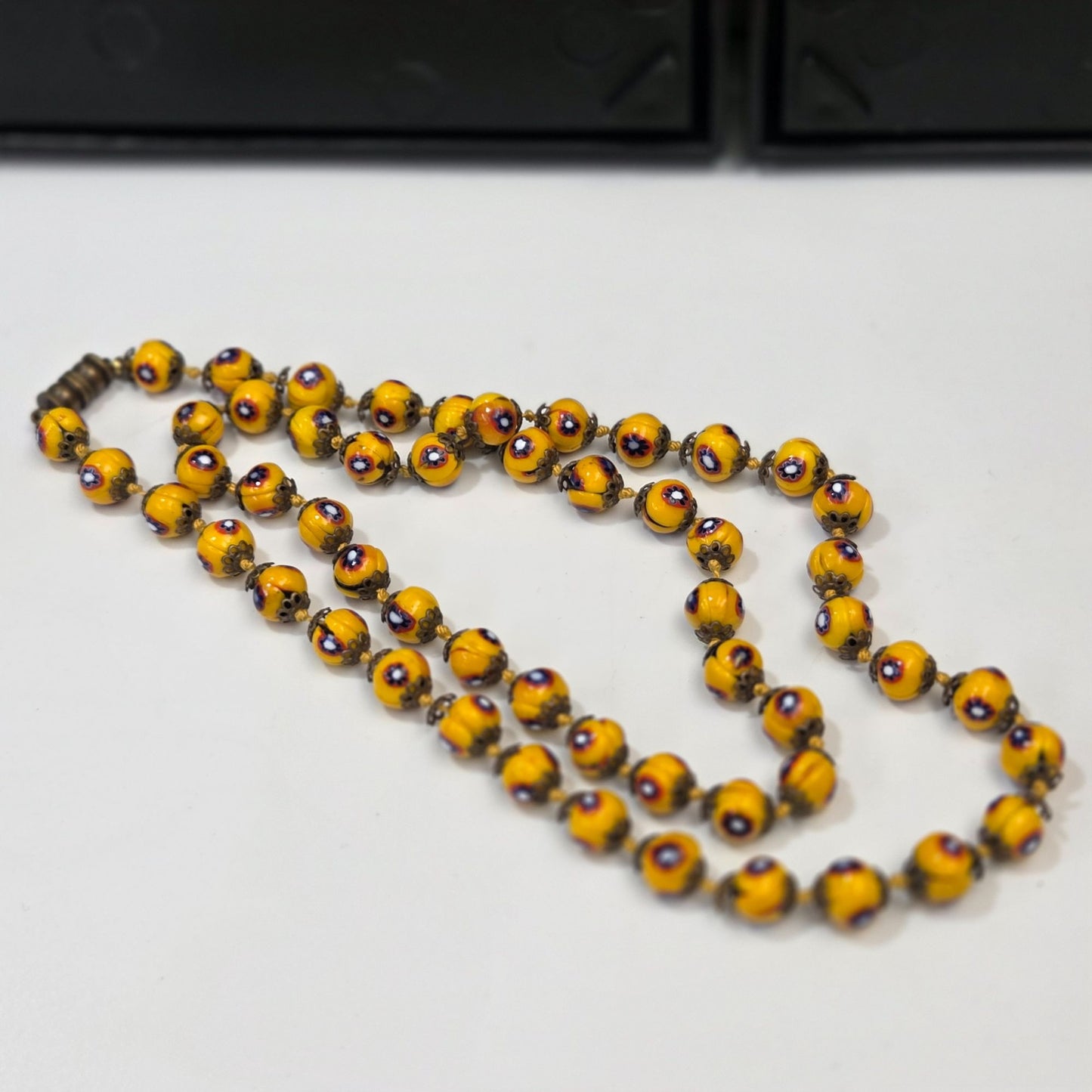 Vintage Yellow Venetian Millefiori Glass Beaded Necklace 27.5"