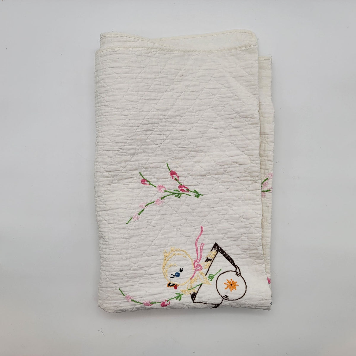 Vintage Hand-Embroidered Baby Quilt With Animals