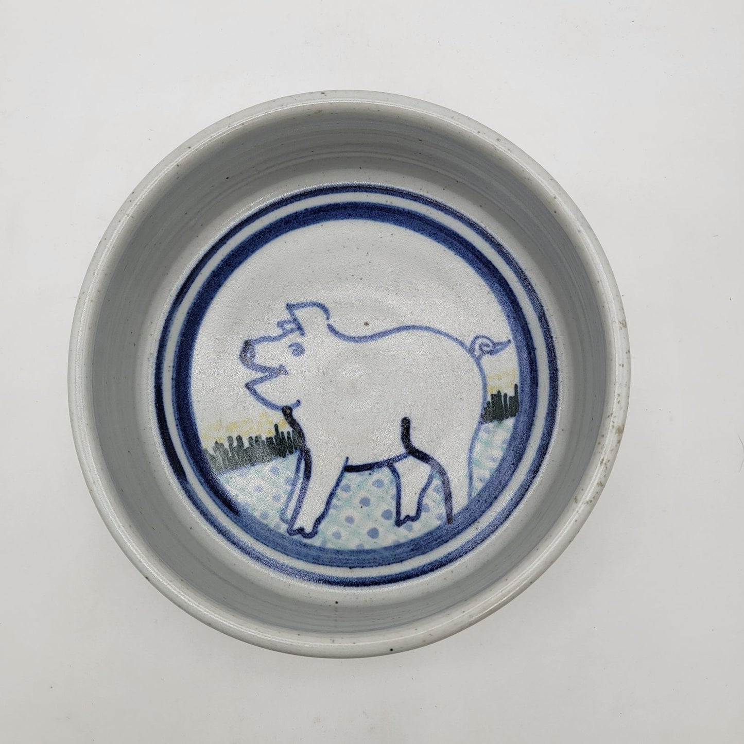 Vintage Signed Stoneware Pottery Dish Bowl With Pig Design