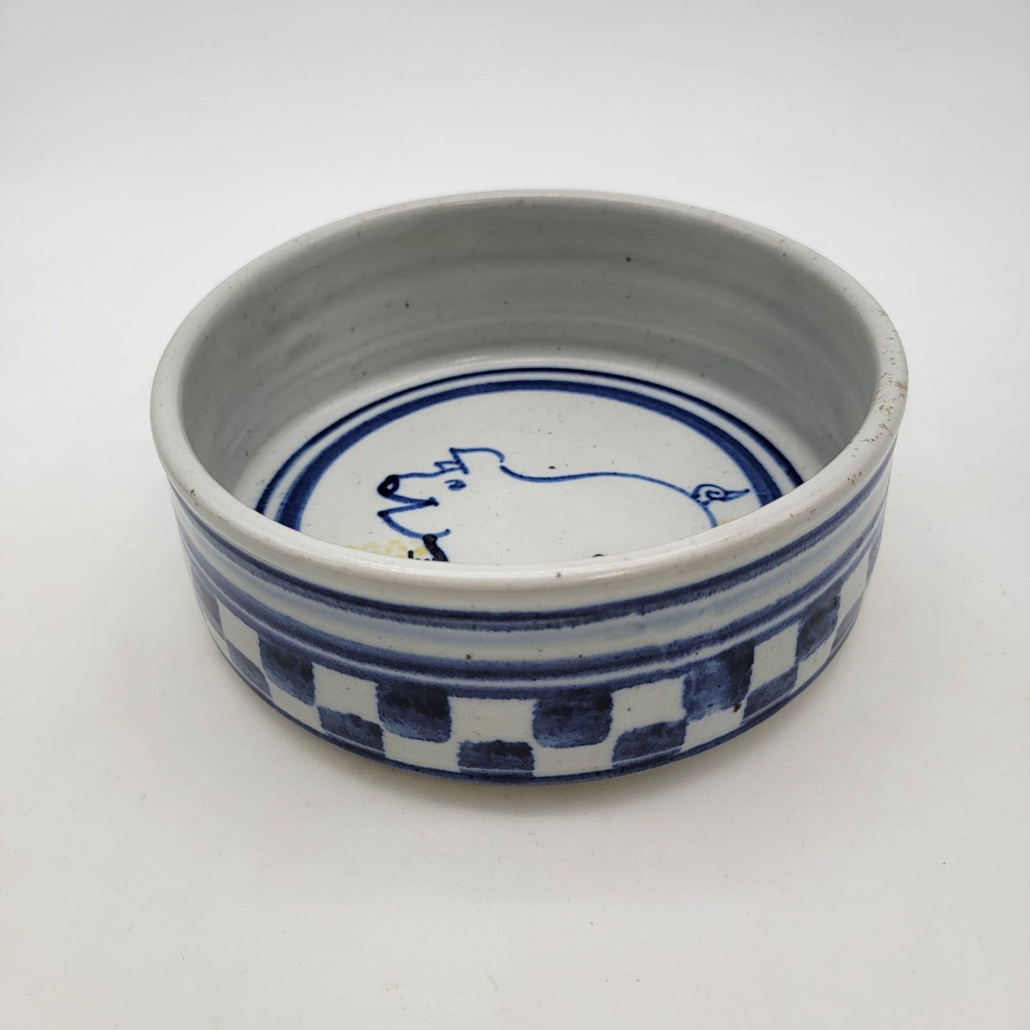 Vintage Signed Stoneware Pottery Dish Bowl With Pig Design