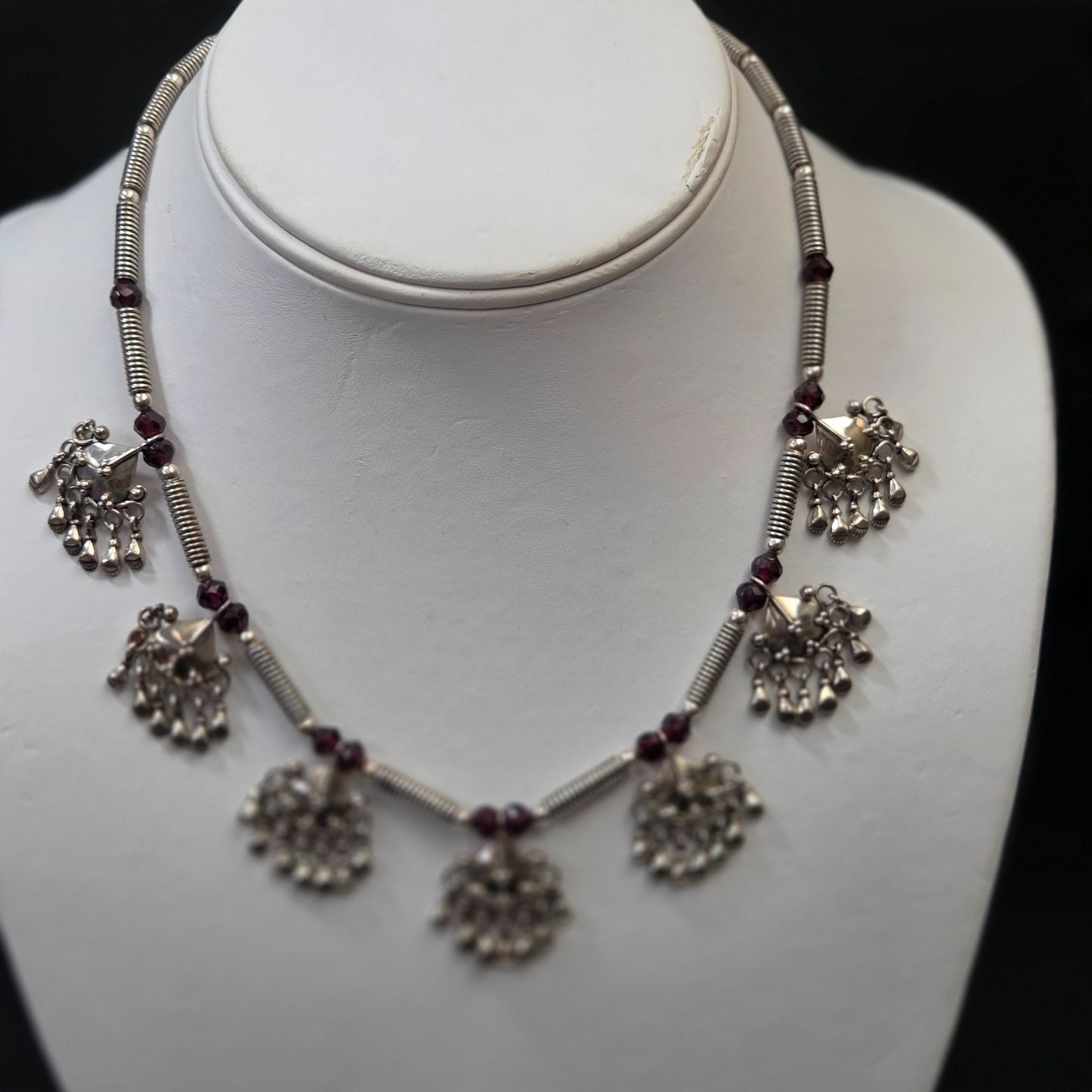 925 Silver & Garnet Chandelier Necklace 16"