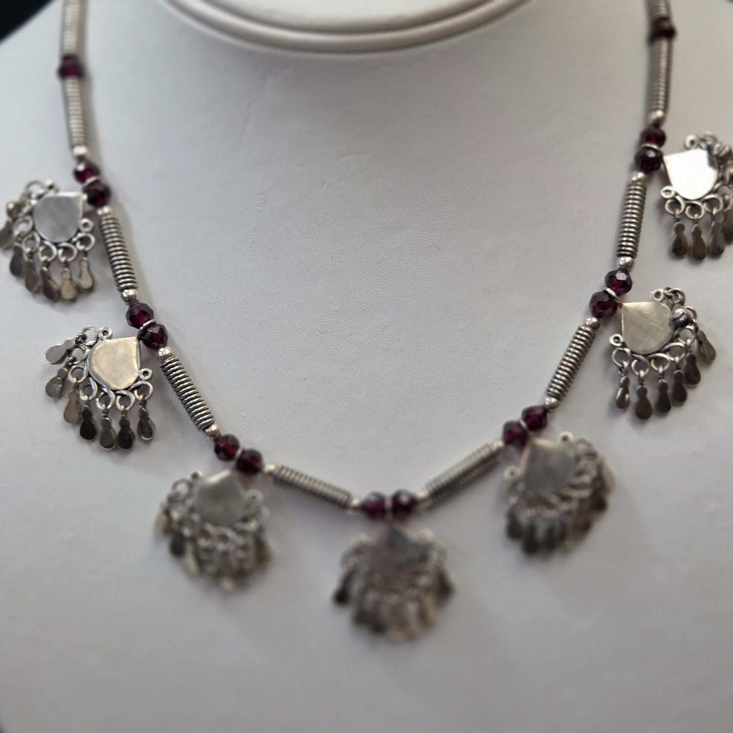 925 Silver & Garnet Chandelier Necklace 16"