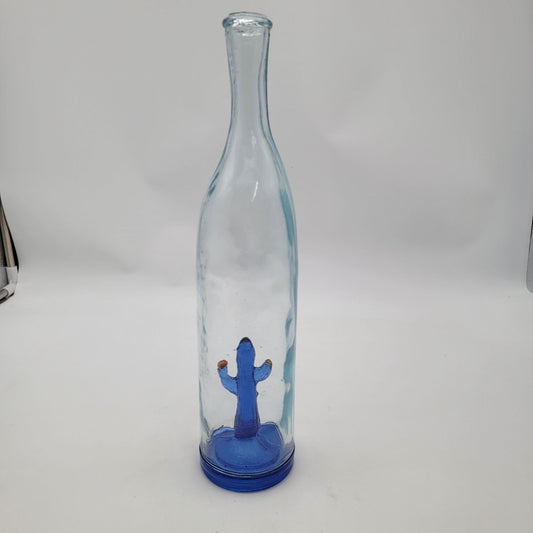 Handcrafted Blue Glass Bottle With Cactus