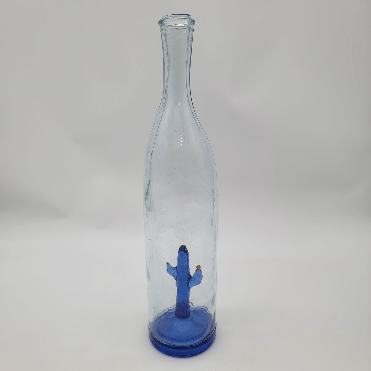 Handcrafted Blue Glass Bottle With Cactus