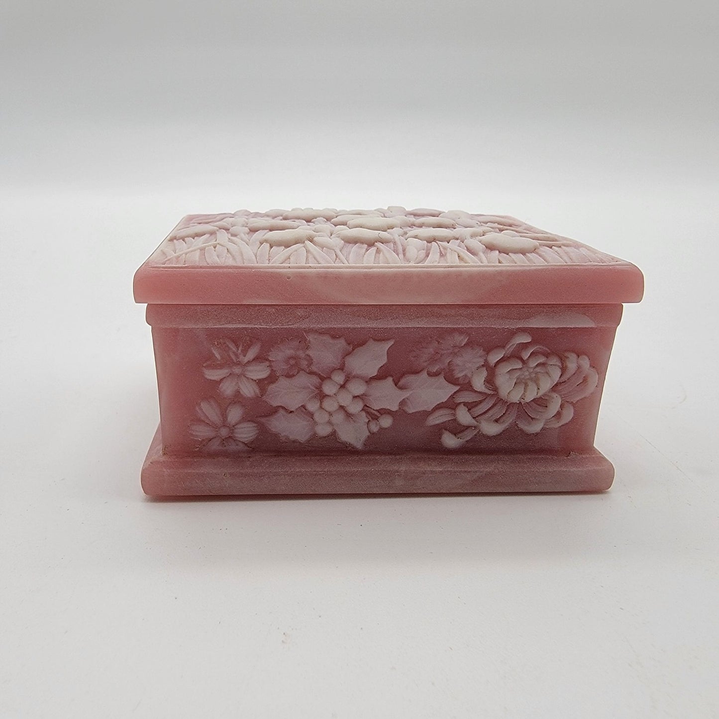 Vintage Pink Genuine Incolay Stone Trinket Box Iris Relief