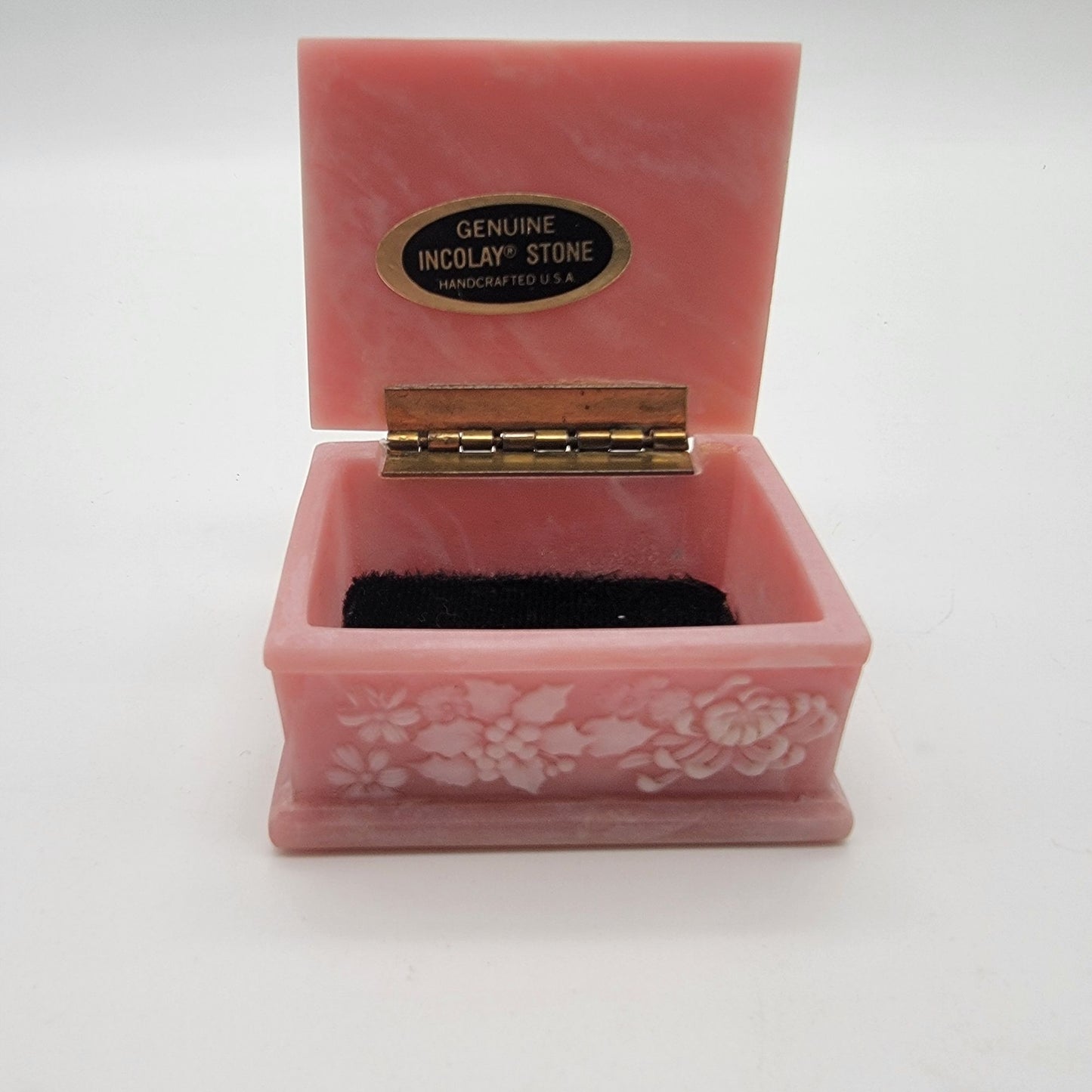 Vintage Pink Genuine Incolay Stone Trinket Box Iris Relief