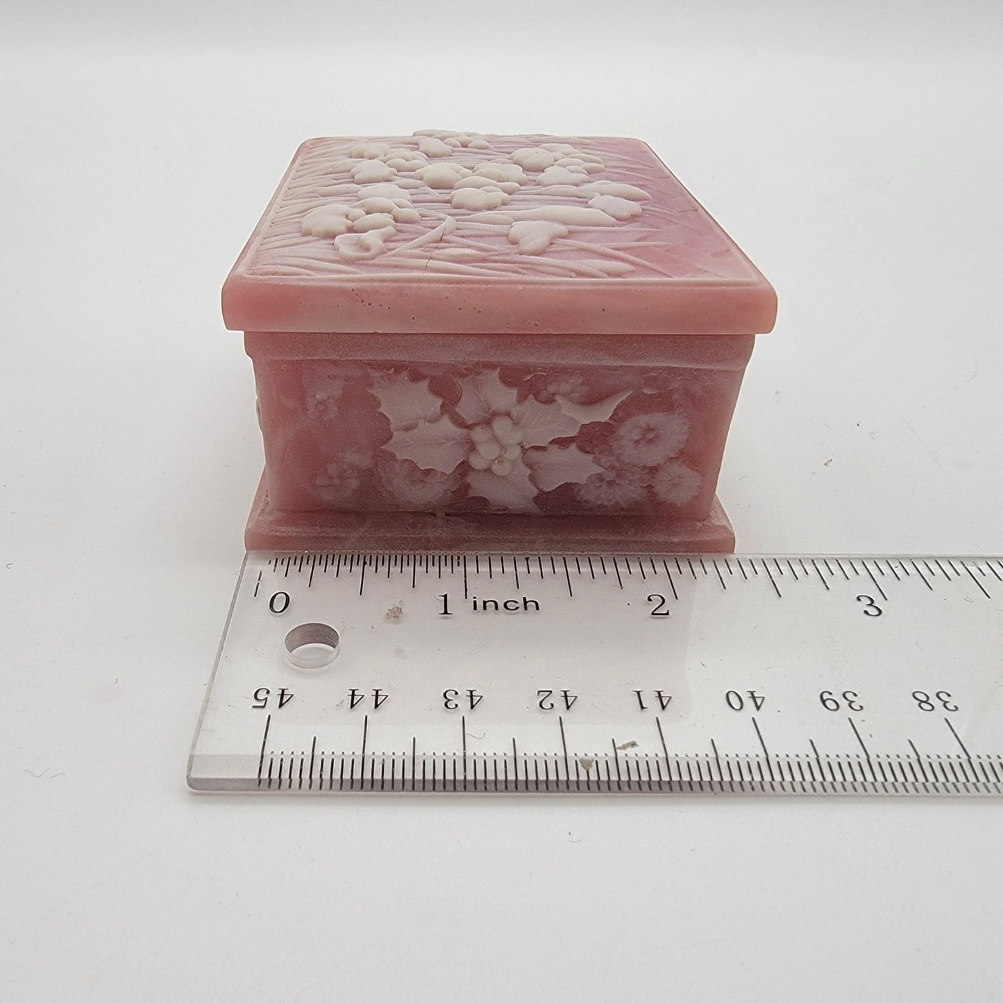 Vintage Pink Genuine Incolay Stone Trinket Box Iris Relief