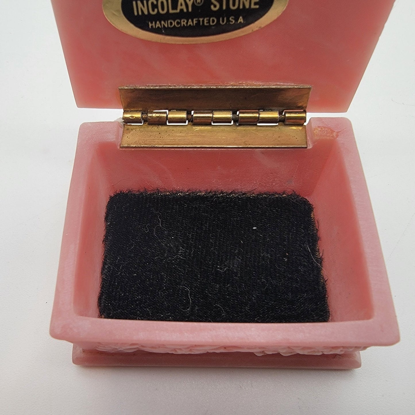 Vintage Pink Genuine Incolay Stone Trinket Box Iris Relief