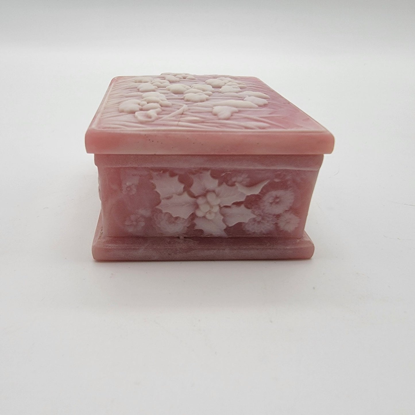 Vintage Pink Genuine Incolay Stone Trinket Box Iris Relief
