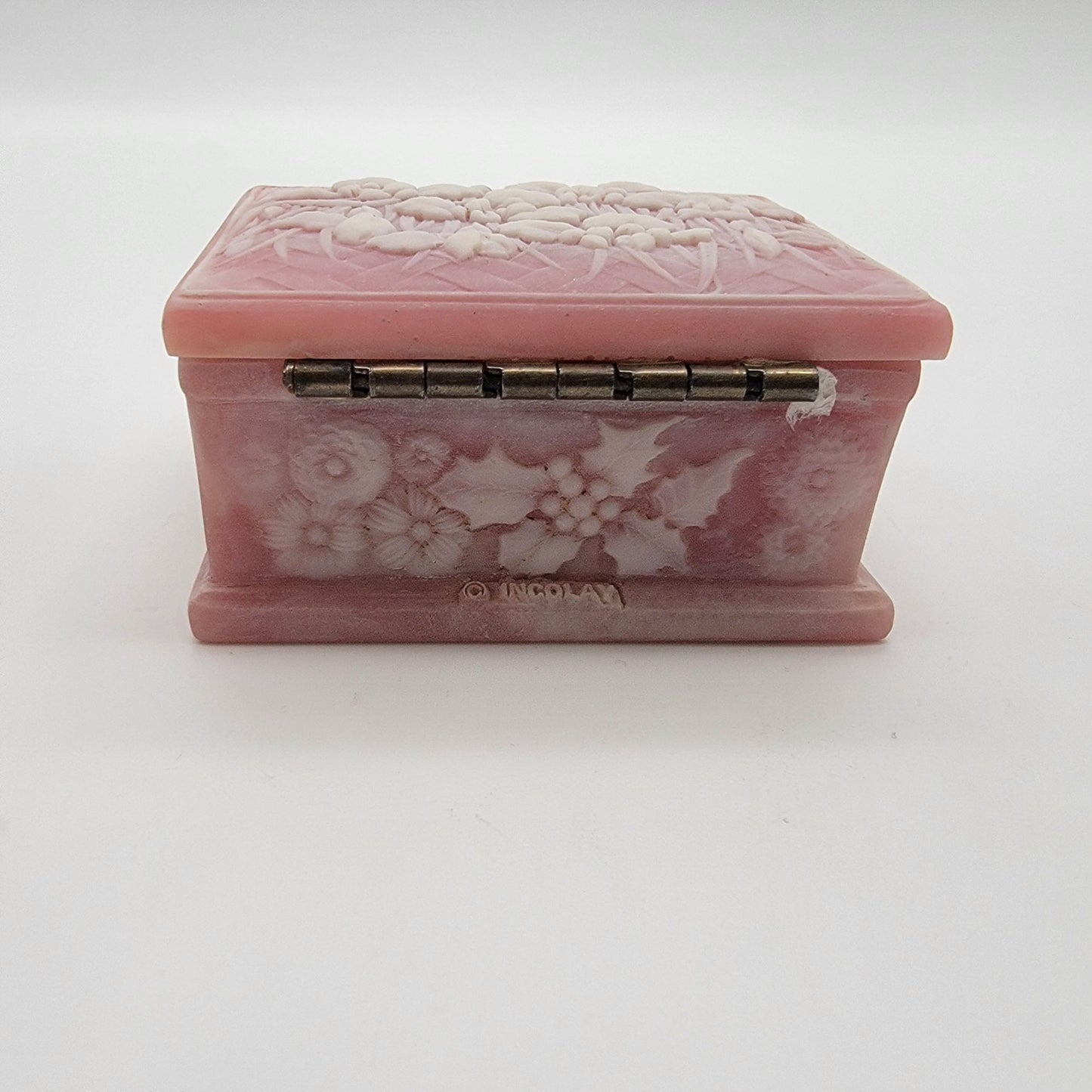 Vintage Pink Genuine Incolay Stone Trinket Box Iris Relief