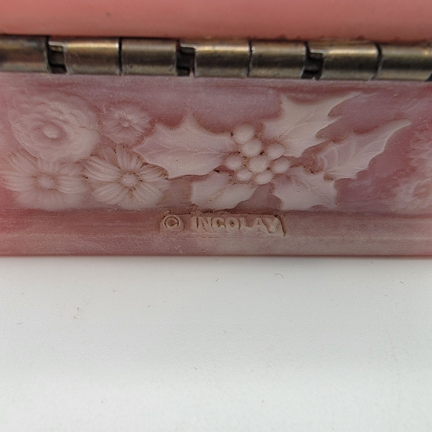 Vintage Pink Genuine Incolay Stone Trinket Box Iris Relief