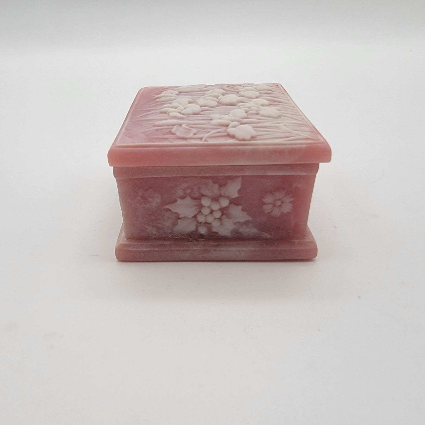 Vintage Pink Genuine Incolay Stone Trinket Box Iris Relief