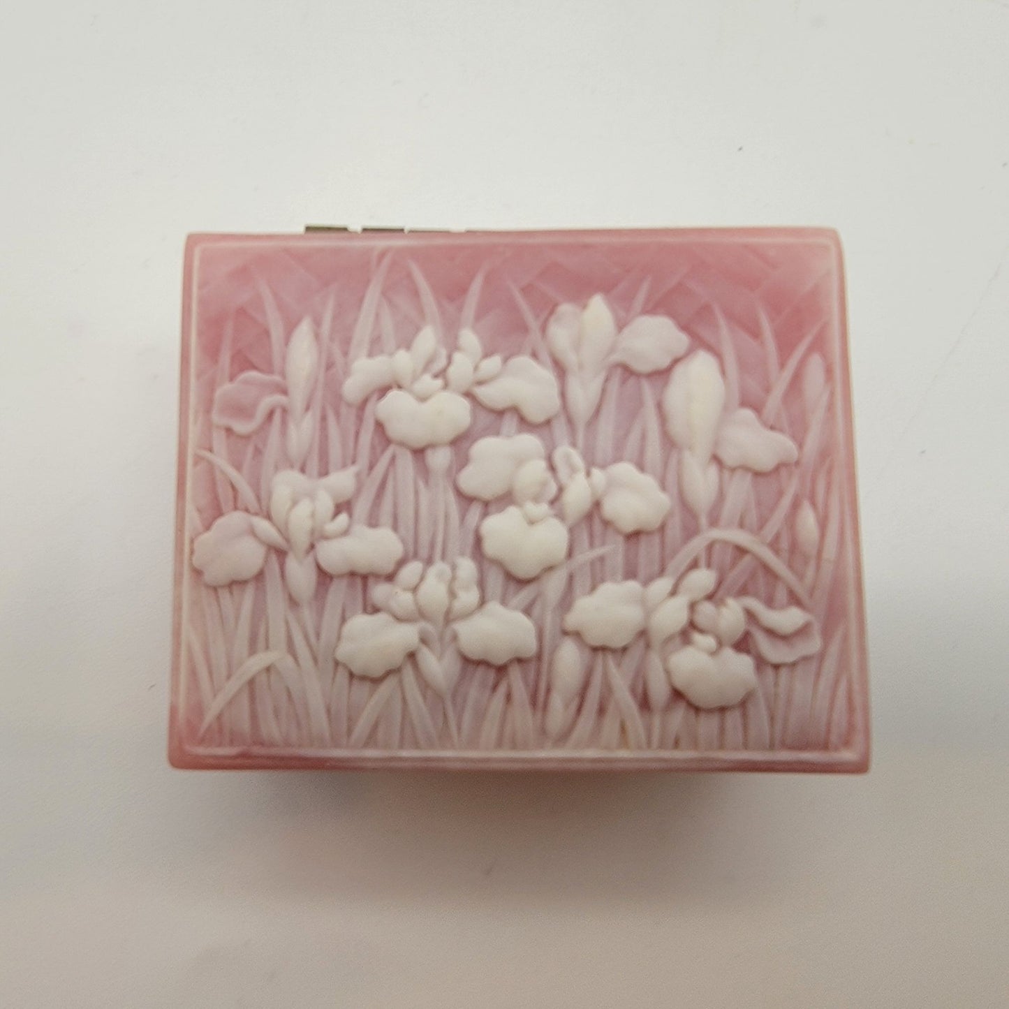 Vintage Pink Genuine Incolay Stone Trinket Box Iris Relief
