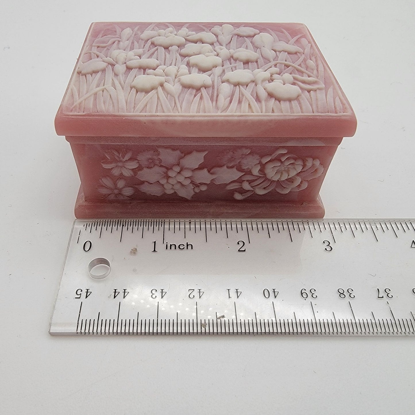 Vintage Pink Genuine Incolay Stone Trinket Box Iris Relief