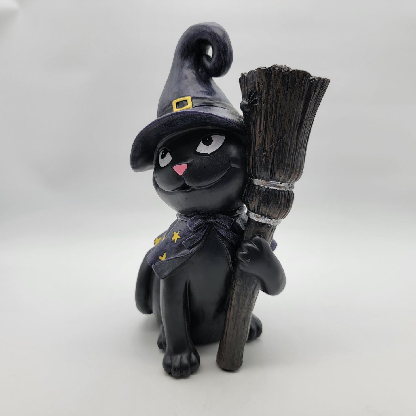 Black Cat Witch Hat & Broomstick Outdoor Statue