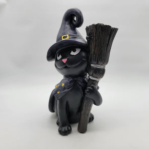 Black Cat Witch Hat & Broomstick Outdoor Statue