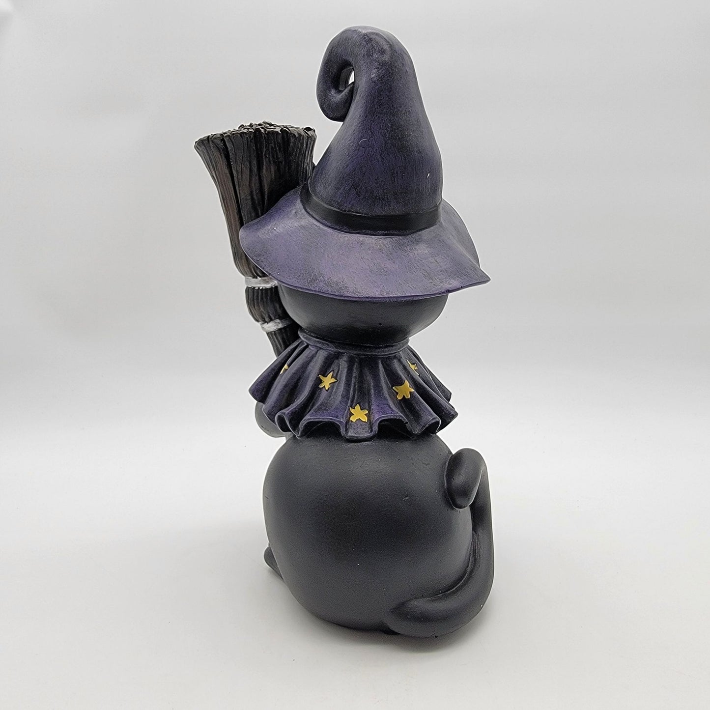 Black Cat Witch Hat & Broomstick Outdoor Statue
