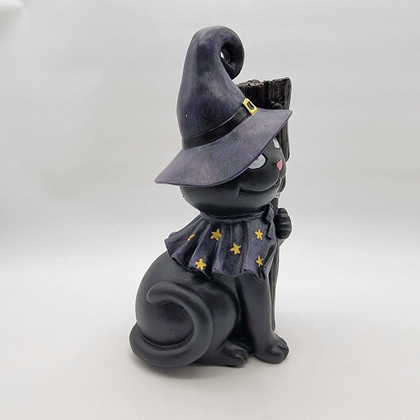 Black Cat Witch Hat & Broomstick Outdoor Statue
