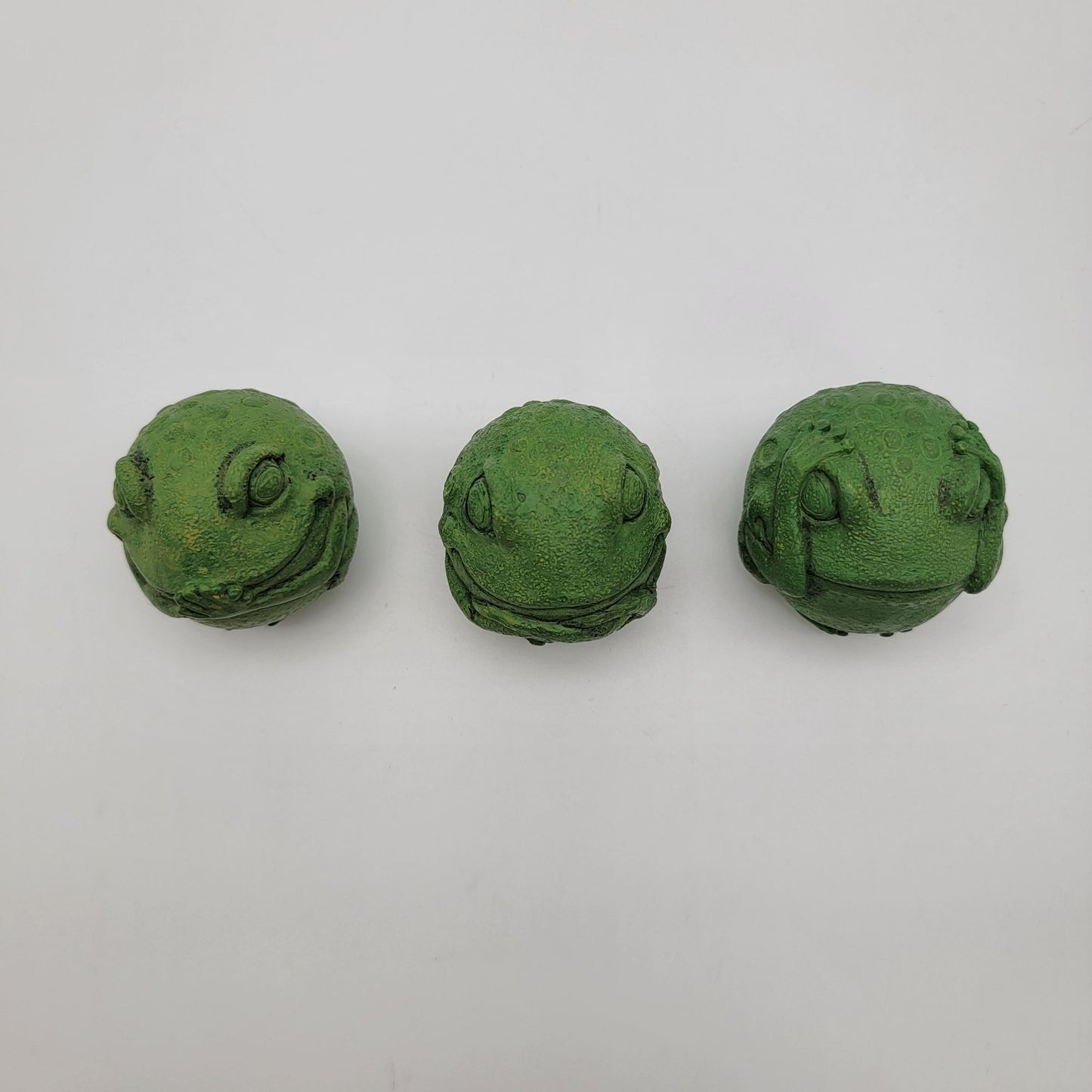 Set Of 3 Green Round No Evil Frog Statues - Hear No Evil See No Evil Speak No Evil