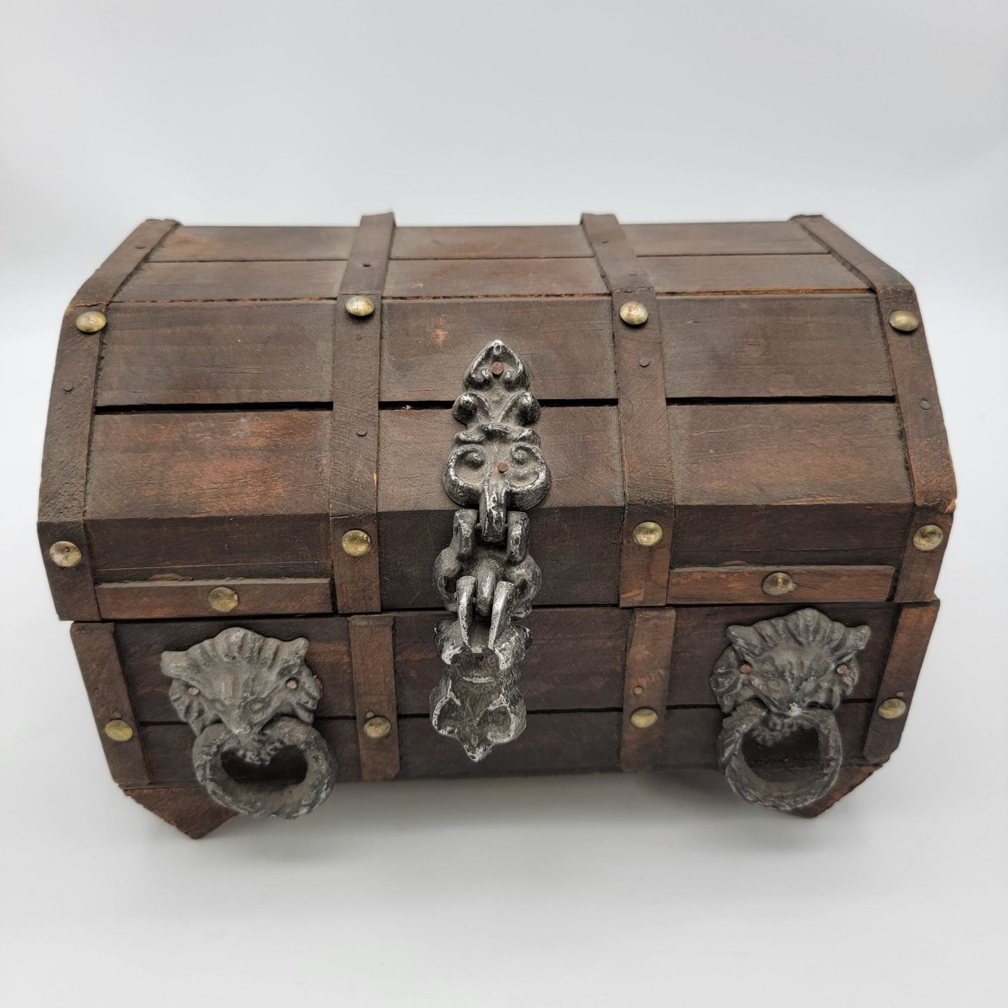 Vintage Wood Treasure Chest With Lion Head Handles