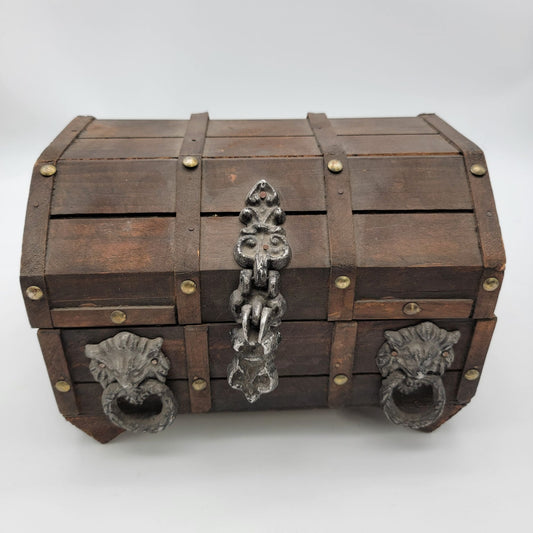 Vintage Wood Treasure Chest With Lion Head Handles